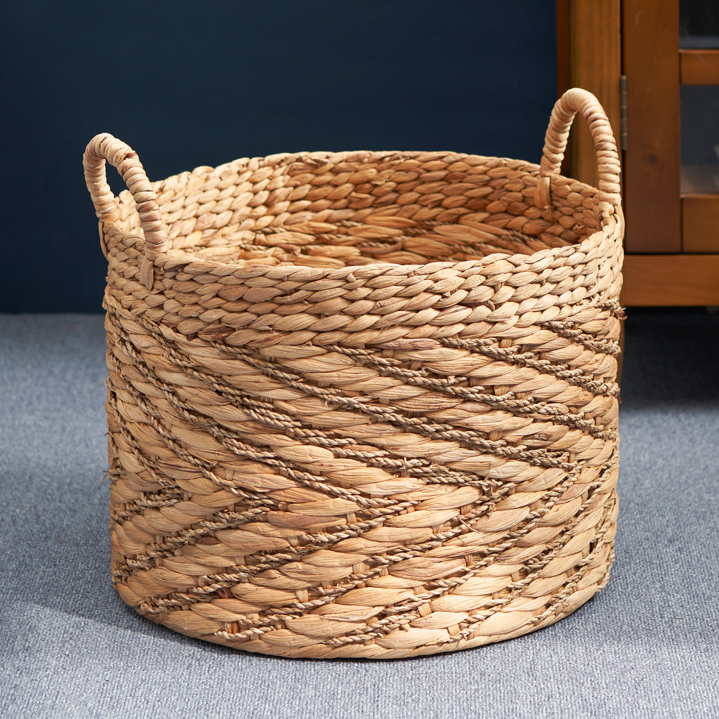 Ludmilla Round Tall Water Hyacinth Woven Wicker Laundry Hamper with Lid - For Clothes, Canvas, Toys and Book Storage with Removable Liner - 15" x 15" x 20" - Natural Brown