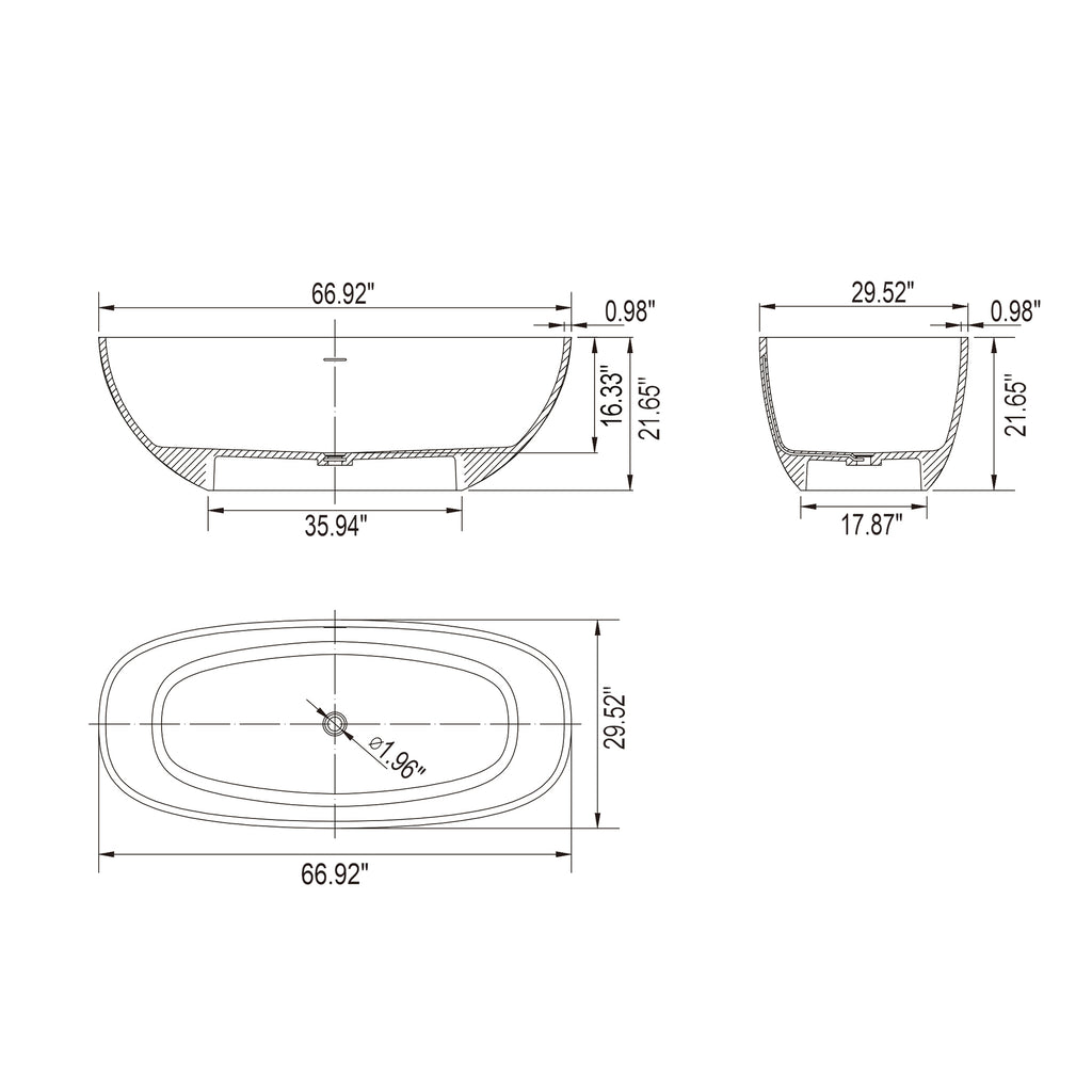 66.9 inch freestanding solid surface soaking bathtub for bathroom
