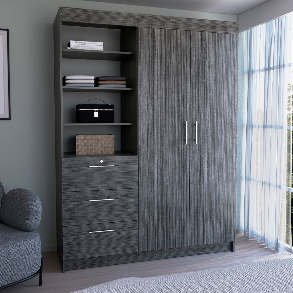 Kenya 3 Drawers Armoire, Double Door, 3-Tier Shelf -Black