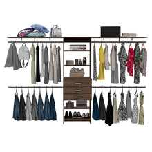 Load image into Gallery viewer, Plego 69"W - 118"W Drawers Closet System, Five Shelves, Four Hanging Rods, Three Drawers -Dark Walnut