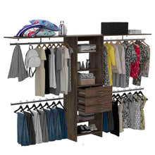 Load image into Gallery viewer, Plego 69"W - 118"W Drawers Closet System, Five Shelves, Four Hanging Rods, Three Drawers -Dark Walnut