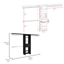 Load image into Gallery viewer, Plego 70"W - 118"W Drawers Closet System, One Drawer,Three Hanging Rods, Five Shelves -Black