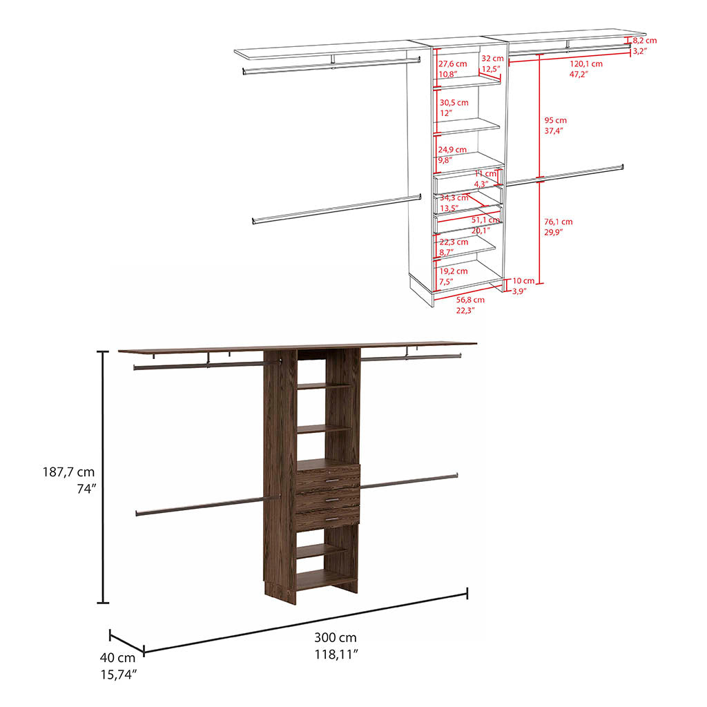 Plego 69"W - 118"W Drawers Closet System, Five Shelves, Four Hanging Rods, Three Drawers -Dark Walnut