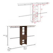 Load image into Gallery viewer, Plego 69"W - 118"W Drawers Closet System, Five Shelves, Four Hanging Rods, Three Drawers -Dark Walnut