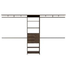 Load image into Gallery viewer, Plego 69"W - 118"W Drawers Closet System, Five Shelves, Four Hanging Rods, Three Drawers -Dark Walnut