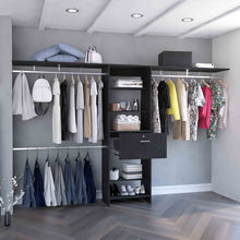 Load image into Gallery viewer, Plego 70"W - 118"W Drawers Closet System, One Drawer,Three Hanging Rods, Five Shelves -Black
