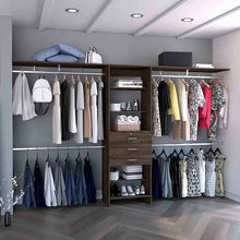 Load image into Gallery viewer, Plego 69"W - 118"W Drawers Closet System, Five Shelves, Four Hanging Rods, Three Drawers -Dark Walnut