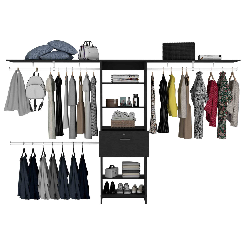 Plego 70"W - 118"W Drawers Closet System, One Drawer,Three Hanging Rods, Five Shelves -Black