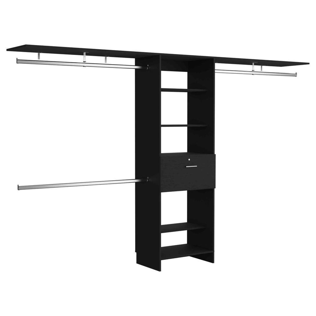 Plego 70"W - 118"W Drawers Closet System, One Drawer,Three Hanging Rods, Five Shelves -Black