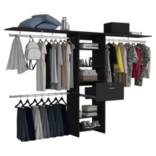 Load image into Gallery viewer, Plego 70"W - 118"W Drawers Closet System, One Drawer,Three Hanging Rods, Five Shelves -Black