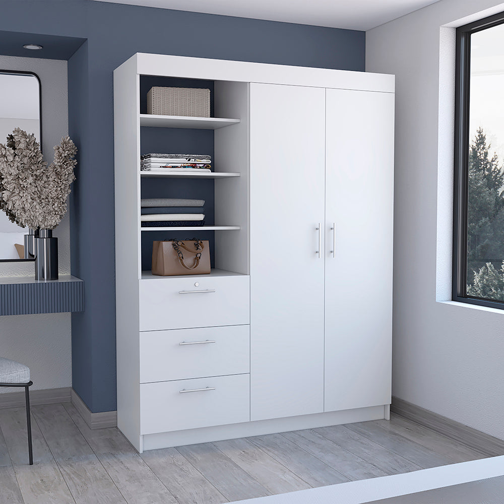 Kenya 3 Drawers Armoire, Double Door, 3-Tier Shelf -Black