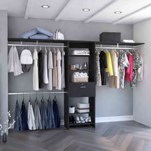 Load image into Gallery viewer, Plego 69"W - 118"W Drawers Closet System, Five Shelves, Four Hanging Rods, Three Drawers -Dark Walnut