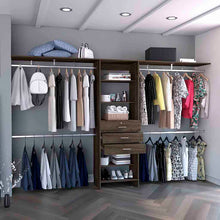 Load image into Gallery viewer, Plego 69"W - 118"W Drawers Closet System, Five Shelves, Four Hanging Rods, Three Drawers -Dark Walnut