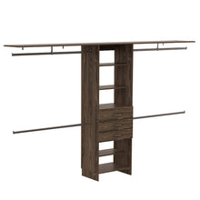 Load image into Gallery viewer, Plego 69"W - 118"W Drawers Closet System, Five Shelves, Four Hanging Rods, Three Drawers -Dark Walnut