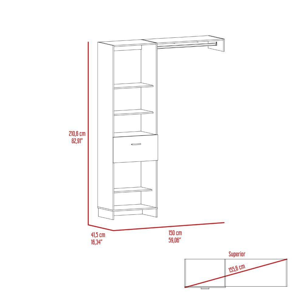 Manchester 150 Closet System, Metal Rod, Five Open Shelves, One Drawer -White