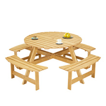 Load image into Gallery viewer, Outdoor 8 Person Picnic Table, 8 person Round Picnic Table with 4 Built-in Benches, Umbrella Hole, Outside Table and Bench Set for Garden, Backyard, Porch, Patio,  Natural