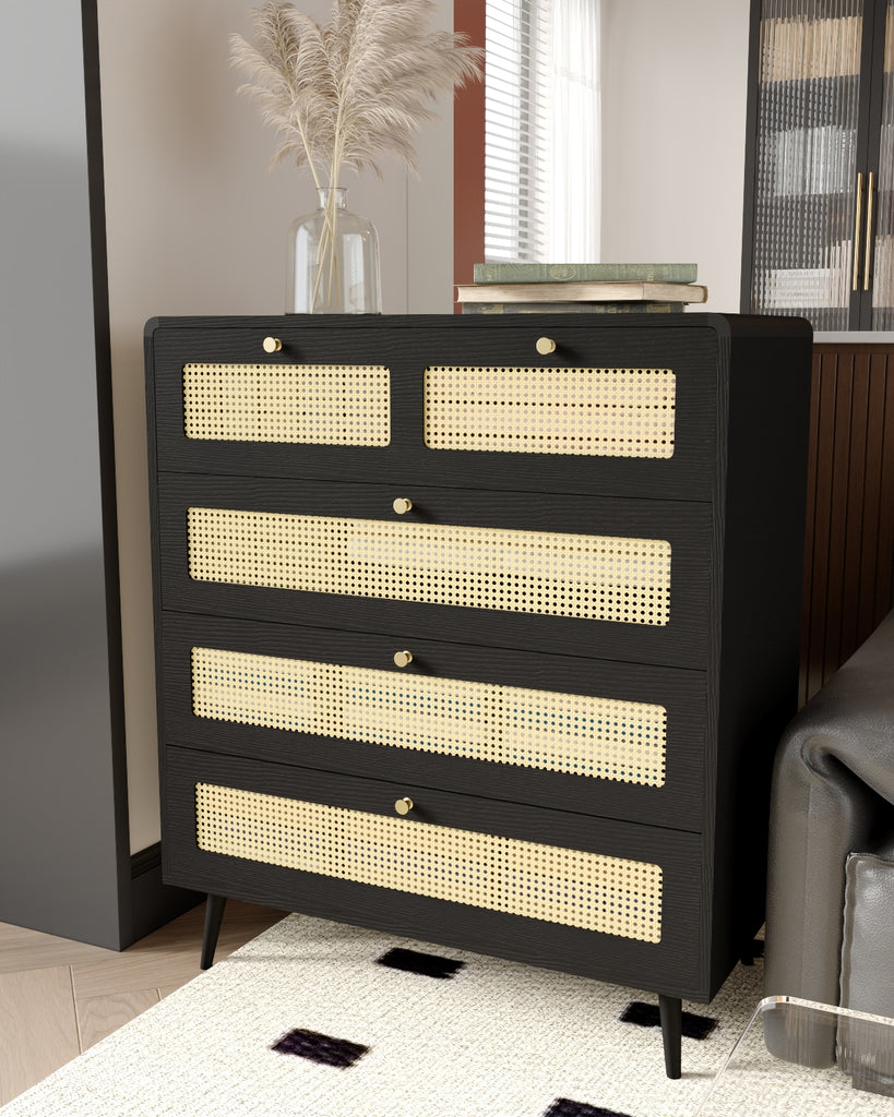 4 Drawer Dresser, Modern Rattan Dresser Chest with Wide Drawers and Metal Handles, Farmhouse Wood Storage Chest of Drawers for Bedroom, Living Room, Hallway, Entryway