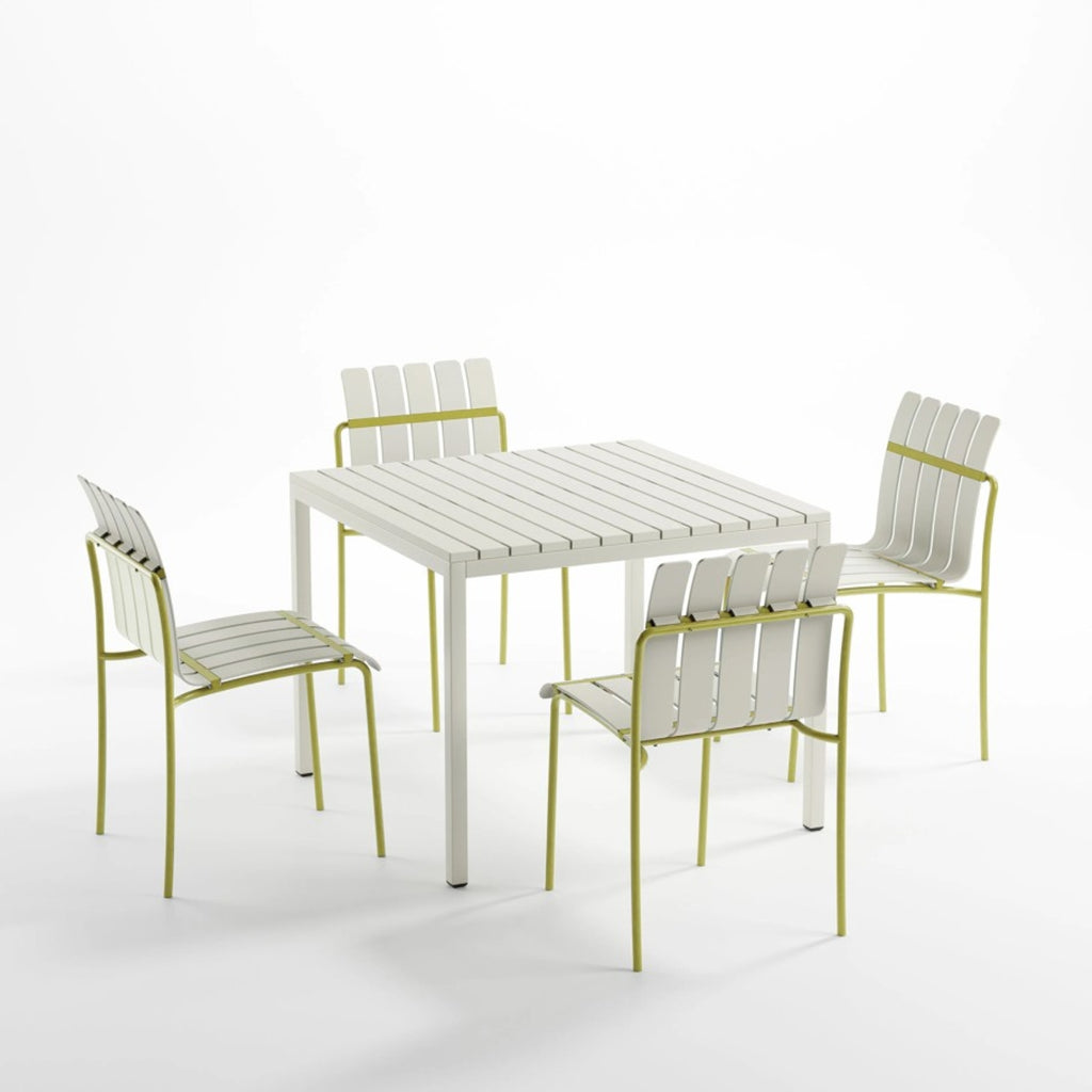 Summer - 4-Pack Modern Striped Color Block Chairs - Waterproof PP Seat & Sturdy Metal Legs, Indoor/Outdoor Dining Set for Patio, Balcony, Café (White & Yellow)