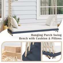 Load image into Gallery viewer, TOPMAX Patio Wooden Swing Chair, Hanging Porch Swing Bench with Cushion&amp;Pillows, 10.8Ft Hemp Ropes for Garden,Backyard, Lawn,Gray