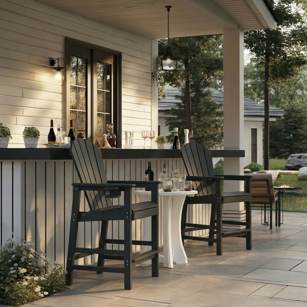 HDPE Bar Height Adirondack Chair with Cup Holder, All-Weather Outdoor Patio Bar Chair with Armrests 1 Piece(BK)