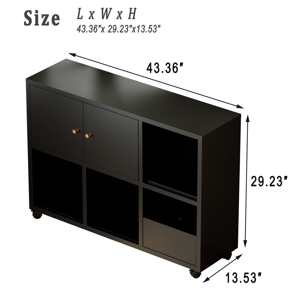 Rolling Toy Storage Cabinet on Wheels - Black Iron Playroom Organizer with Open Cubbies and Closed Cabinets, Sturdy Metal Storage Furniture for Bedroom & Home