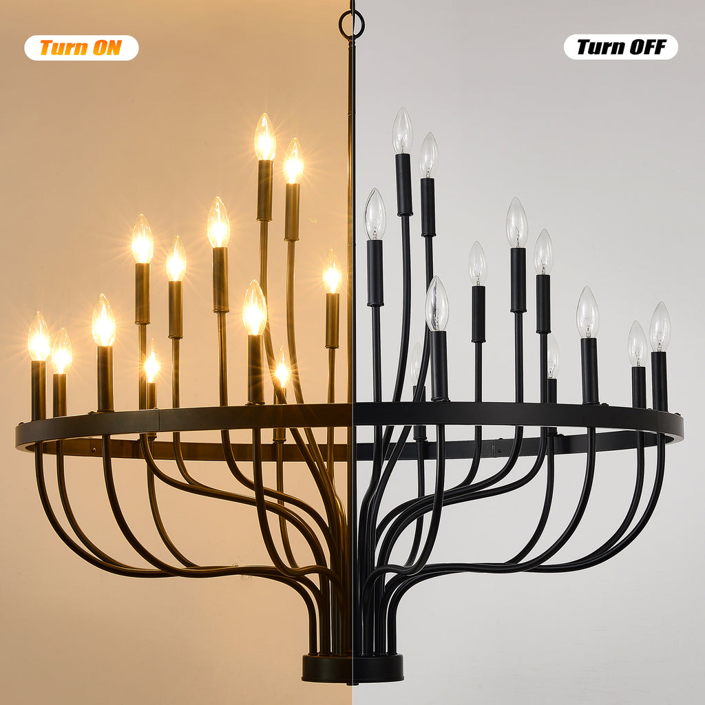 24-Light Black Chandelier Industrial Iron Candle Chandelier Modern Suspended Farmhouse Chandeliers Pendant Light Fixtures for Dining Room Bedroom Living Room Kitchen Island Foyer E12 Bulb (NO Include)