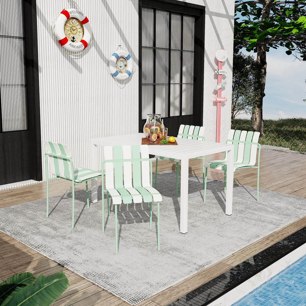 Summer - 4-Pack Modern Striped Color Block Chairs - Waterproof PP Seat & Sturdy Metal Legs, Indoor/Outdoor Dining Set for Patio, Balcony, Café (White & Yellow)