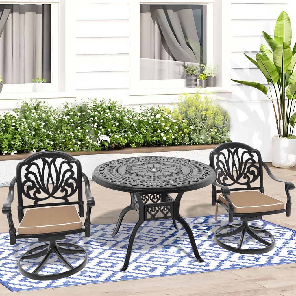 Ø39.37-inch Cast Aluminum Patio Dining Table With Black Frame and Umbrella Hole (same sku: W171084477)