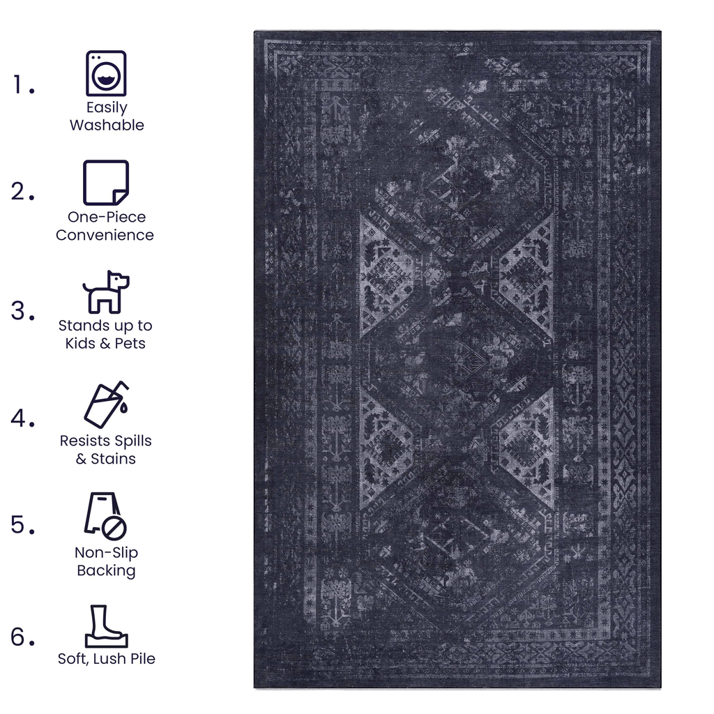 MAVAL Black Washable Rug 2' x 3' Doormat Rug (Black+Gray, 2' x 3') Modern, Contemporary, Non-Shedding & Easy to Clean, Ideal for Living Room, Bedroom, Dining Space, 36*24 inch