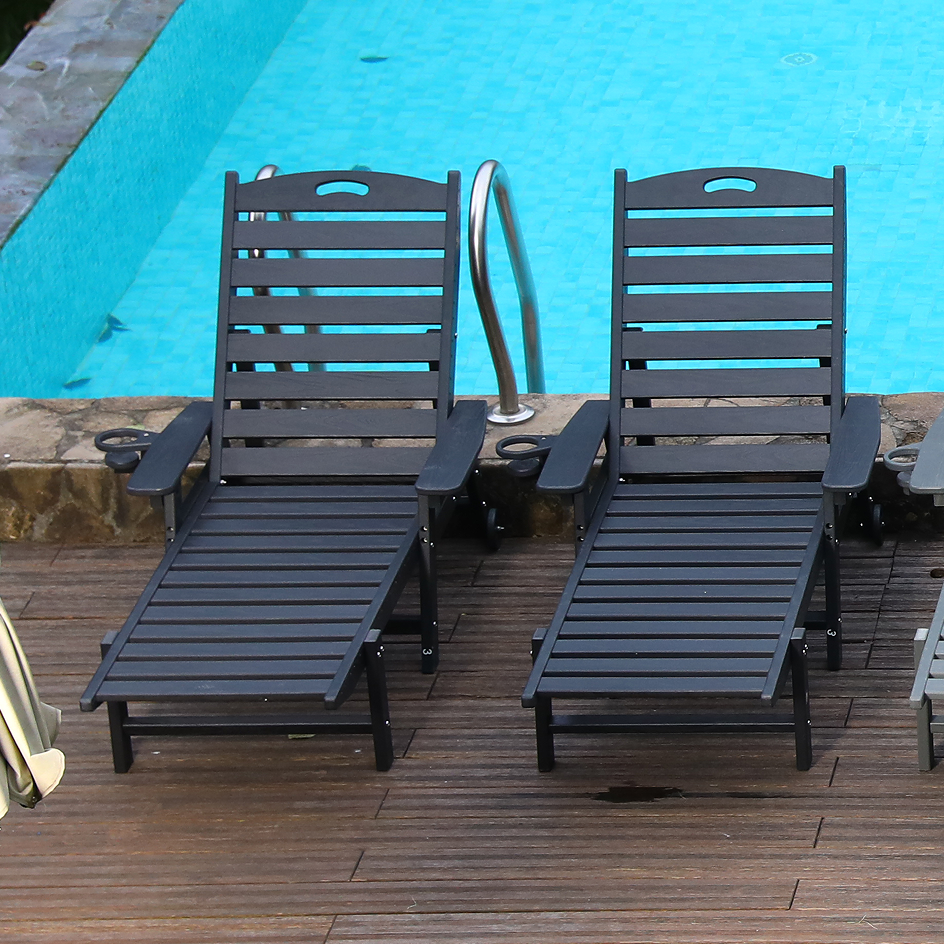 HDPE Chaise Lounge Chair Outdoor, Pool Lounge Chairs with 4-Position Adjustable Backrest, Supports Up to 360 LBS for Patio Poolside Deck Beach Backyard (black)