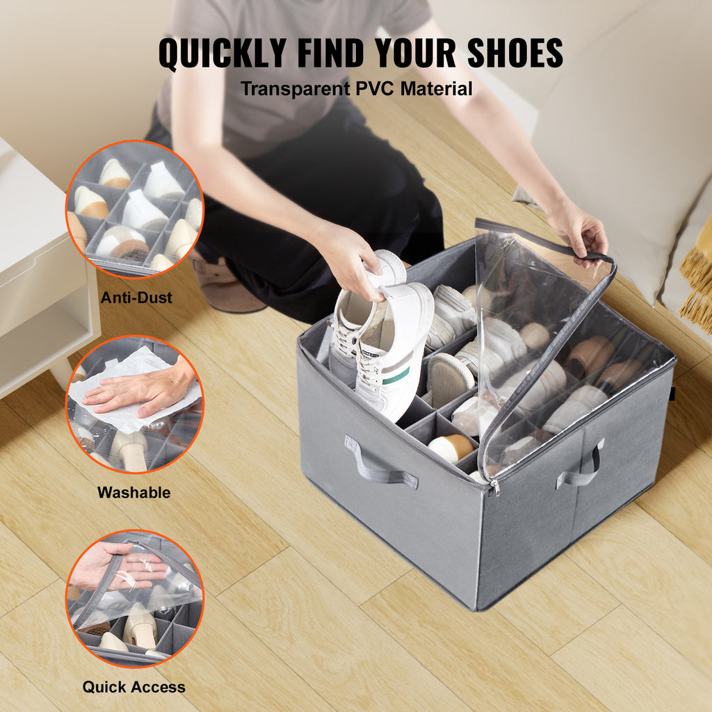 Under Bed Shoe Storage Organizer, 1 Pack, 16 Compartments, Underbed Shoe Box Storage Containers Adjustable Dividers, Sandal Organizer Storage with Clear Window, Breathable, Reinforced Handles