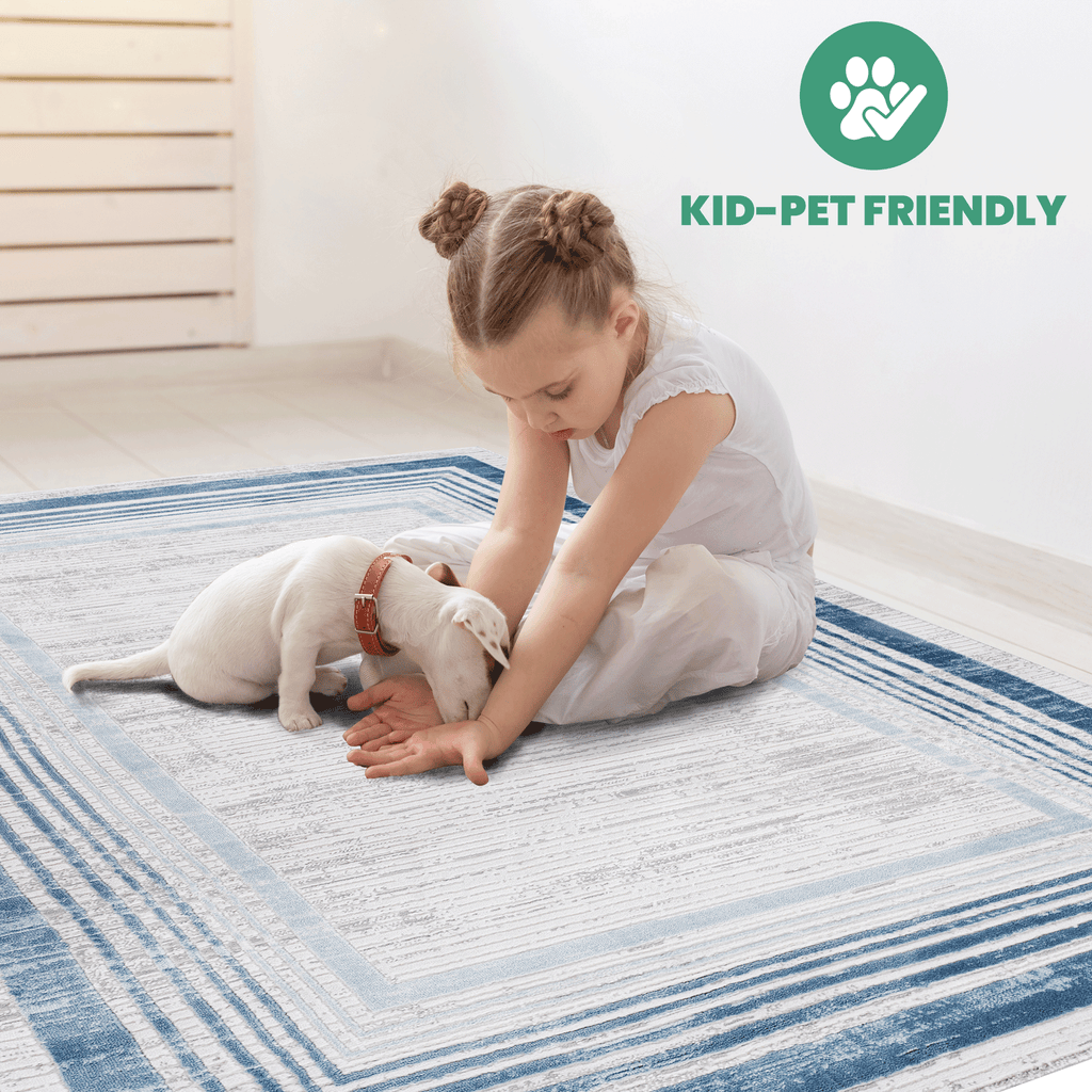 MARFI Collection 2.X3. Blue / Ivory / Bordered Doormat Rug Modern, Contemporary, Non-Shedding & Easy to Clean, Ideal for Living Room, Bedroom, Dining Space, 36*24 inch