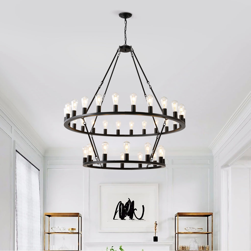 52 Inch Black Extra Large Wagon Wheel Chandelier, 2 Tier 36-Lights (24+12) +(12+24) Farmhouse Industrial Round High Ceiling Pendant Light Adjustable Chain, for Dining Room, Living Room,Kitchen