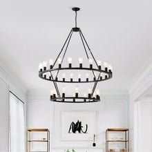 Load image into Gallery viewer, 52 Inch Black Extra Large Wagon Wheel Chandelier, 2 Tier 36-Lights (24+12) +(12+24) Farmhouse Industrial Round High Ceiling Pendant Light Adjustable Chain, for Dining Room, Living Room,Kitchen