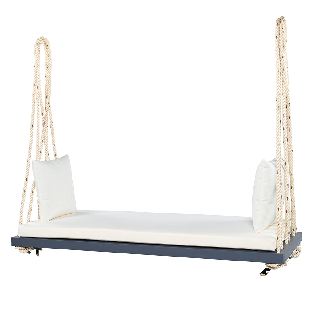 TOPMAX Patio Wooden Swing Chair, Hanging Porch Swing Bench with Cushion&Pillows, 10.8Ft Hemp Ropes for Garden,Backyard, Lawn,Gray
