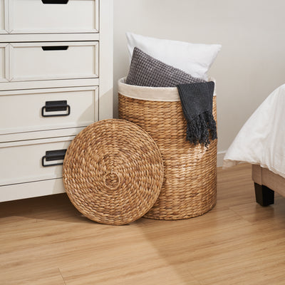 Ludmilla Round Tall Water Hyacinth Woven Wicker Laundry Hamper with Lid - For Clothes, Canvas, Toys and Book Storage with Removable Liner - 15