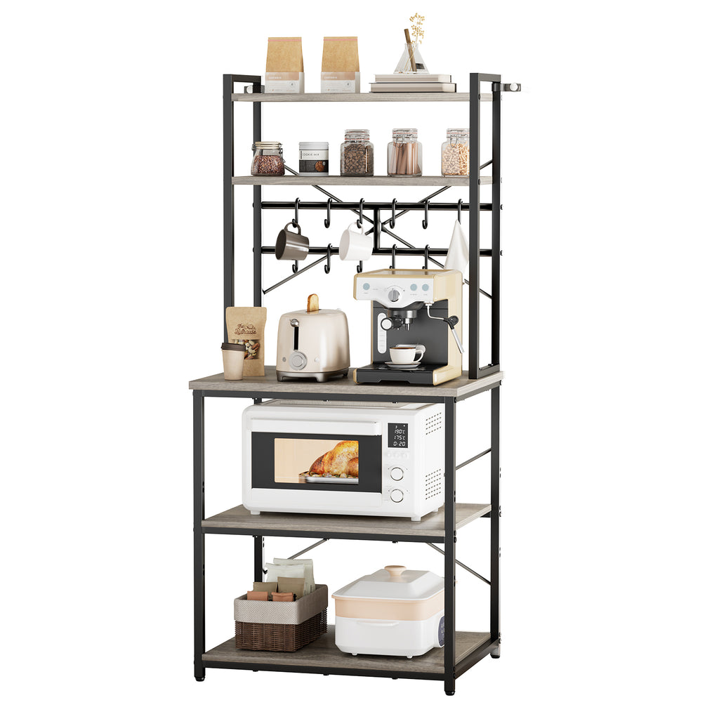 Kitchen Bakers Rack, 23.6 inch Width Bakers Rack, Kitchen Stand with X-Shaped Support Bar, 12 S-Shaped Hooks, Double-Layer Top Shelf, Coffee Bar Stand for Dishes & Bowls, Spice Bottles