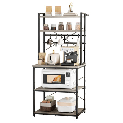 Kitchen Bakers Rack, 23.6 inch Width Bakers Rack, Kitchen Stand with X-Shaped Support Bar, 12 S-Shaped Hooks, Double-Layer Top Shelf, Coffee Bar Stand for Dishes & Bowls, Spice Bottles
