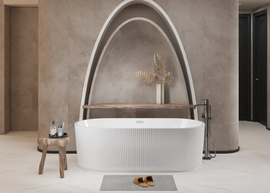 59"Linear AcrylicFreestanding Bathtub Stand Alone Soaker Tub, Glossy White Acrylic, POP-UP Chrome Drain, cUPC Certified