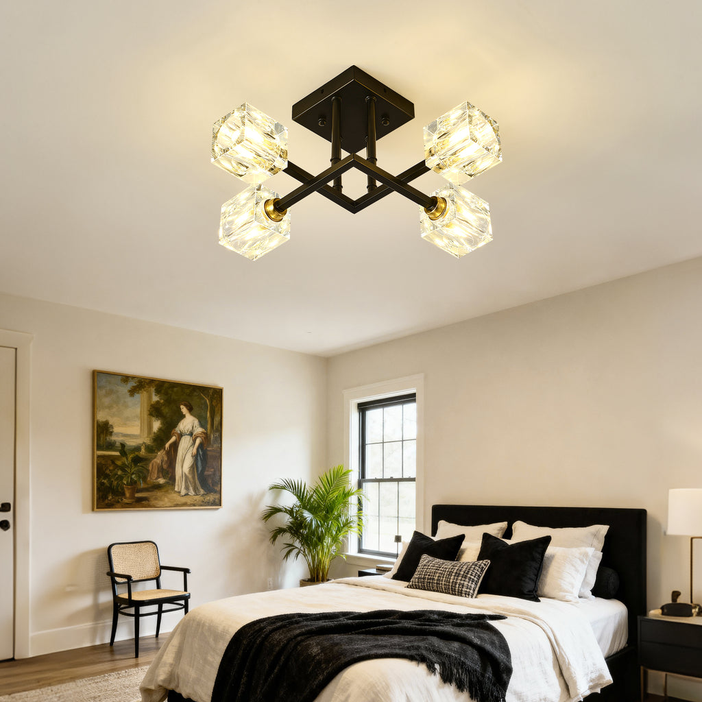 Modern Luxurious Crystal Ceiling Light, 4 Lights (BO INCLUDED Bulb) Modern Crystal Ceiling Light for Dining Room, Pendant Lamp Ceiling Lighting for Living Bedroom Hall Balcony --Matte Black