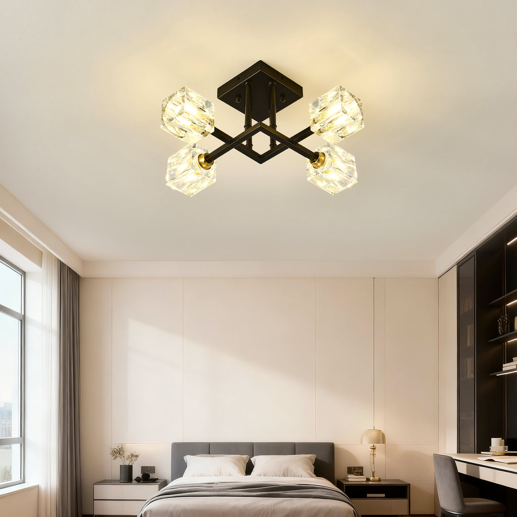 Modern Luxurious Crystal Ceiling Light, 4 Lights (BO INCLUDED Bulb) Modern Crystal Ceiling Light for Dining Room, Pendant Lamp Ceiling Lighting for Living Bedroom Hall Balcony --Matte Black