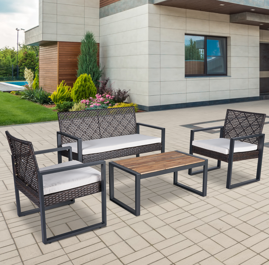 4-Piece Patio Furniture Set Outdoor Balcony Porch Garden Backyard Lawn Furniture Acacia Wood Table Top, Morden Black and Light Brown