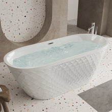 Load image into Gallery viewer, 59'' acrylic freestanding bathtub with unique diamond pattern design: spacious oval shape,  Gloss white finish, Chrome overflow and pop-up drain CUPC Certificate
