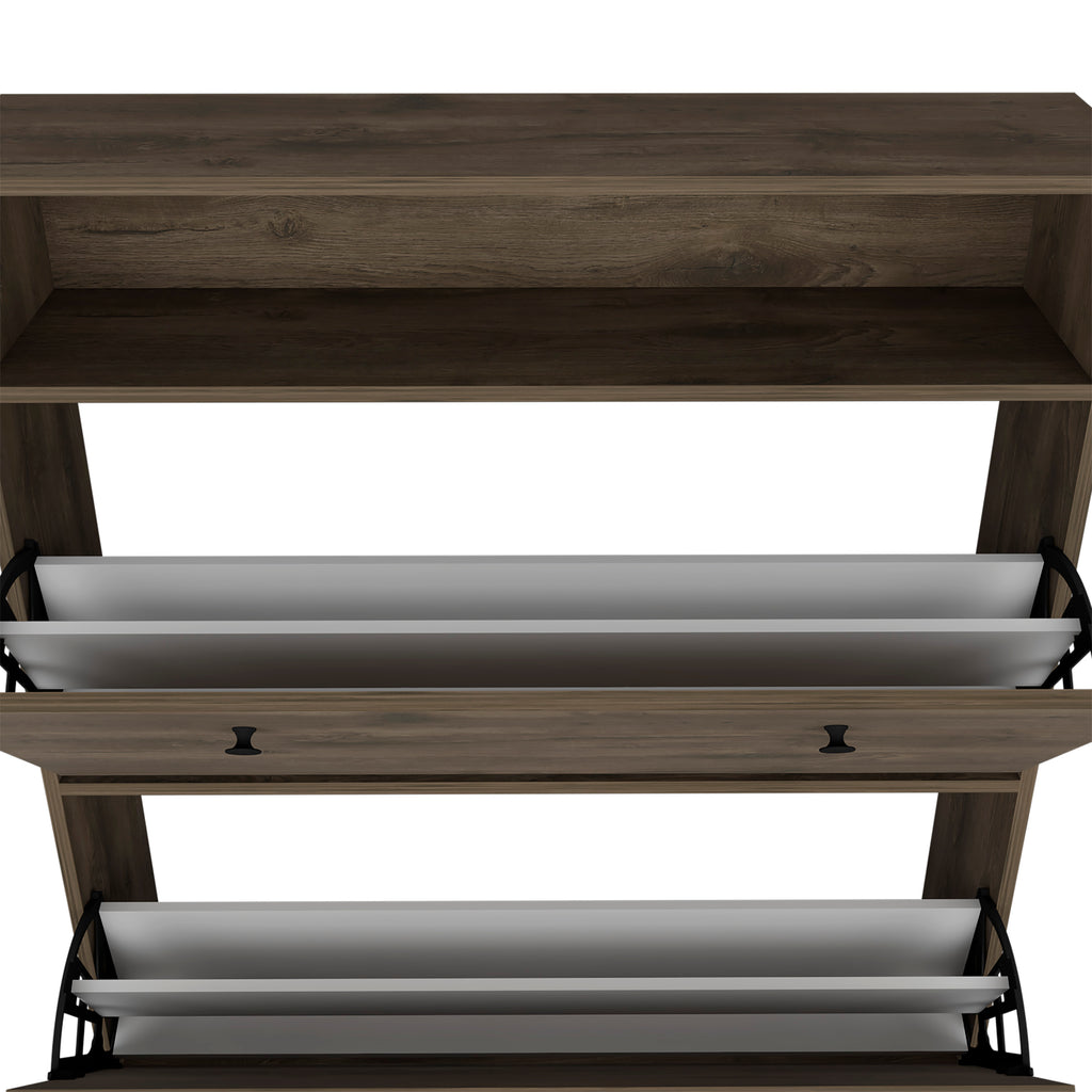 Calgary Shoe Rack, Superior Top, One Open Shelf, Two Extendable Shelves -Dark Brown