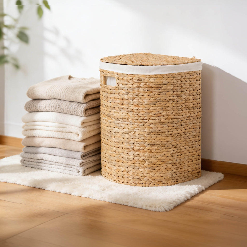 Ludmilla Round Tall Water Hyacinth Woven Wicker Laundry Hamper with Lid - For Clothes, Canvas, Toys and Book Storage with Removable Liner - 15" x 15" x 20" - Natural Brown