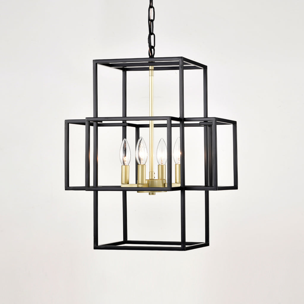 4-Light Metal Lantern Tiered Pendant Hanging Light Fixtures, Industrial Farmhouse Adjustable Height  Chandeliers for Dining Room Hallway Foyer Entryway--Matte Black & Gold (E12 Bulbs Not Included)