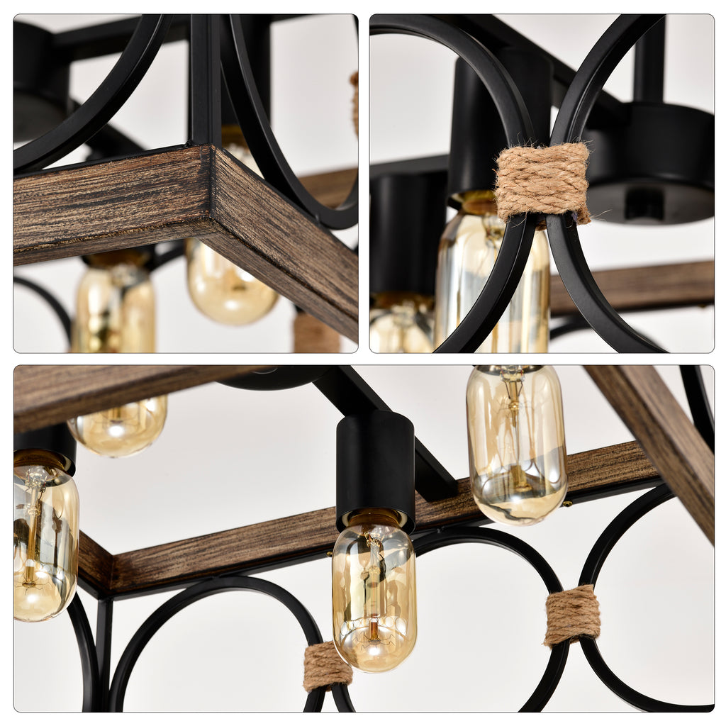 4-Light Square Kitchen Island Lights Ceiling Light Farmhouse Dining Room Light Fixture, Wood and Black Metal Rectangular Ceiling Light, Ceiling Lighting for Living Room,Conference Room, Home Office