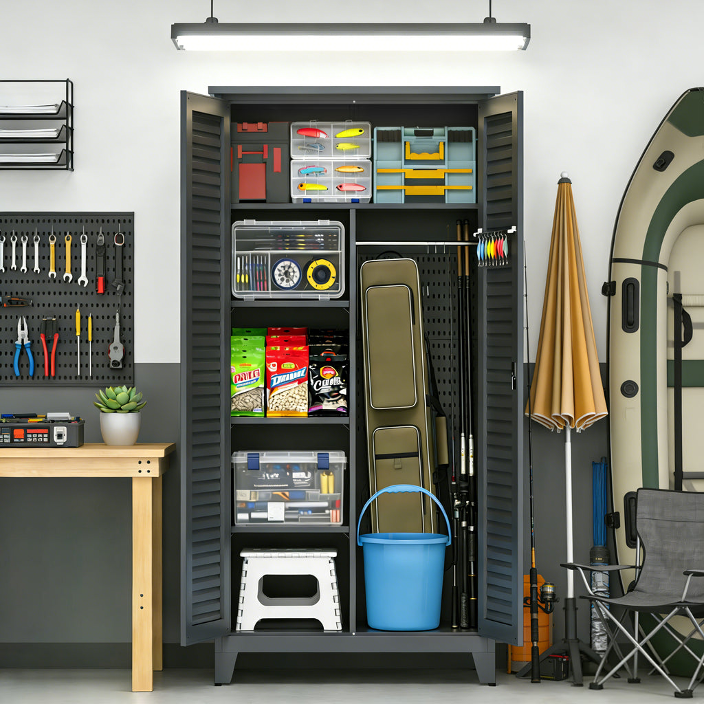 Spire79.1'' Tall Metal Tool Storage Cabinet, with Ample Storage Space for Garage,Warehouse,Garden,Office, Living Room,Bathroom,Utility Room ( Beige )