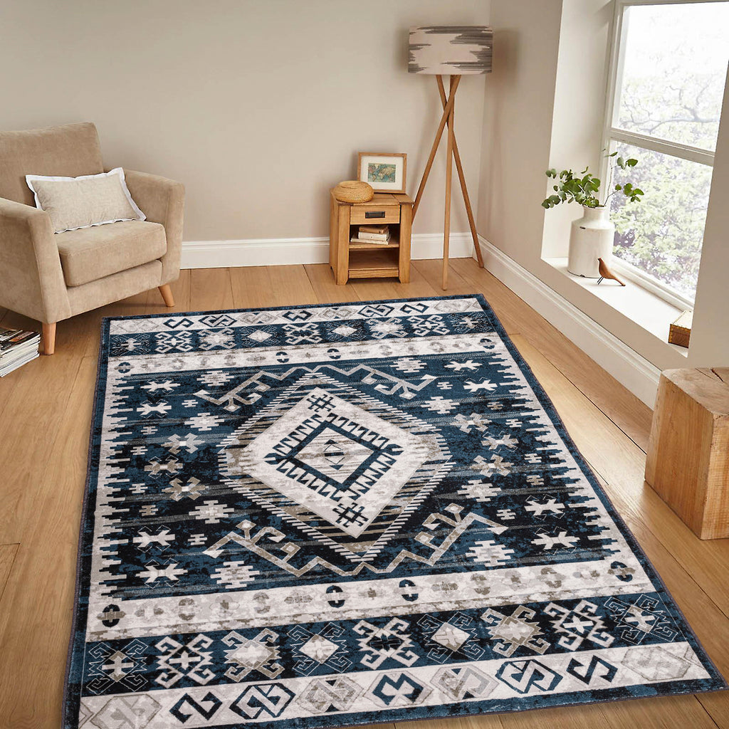 Area Rug 6x9 Vintage Bohemia Large Persian Non-slip Washable Rug For Living Room Kitchen Bedroom Living Room Geometry Blue/Black
