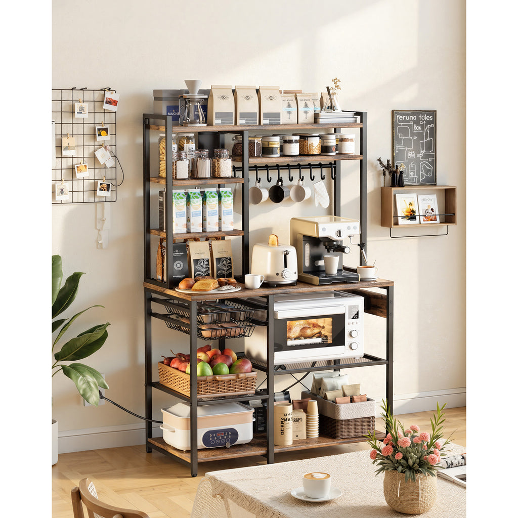 Kitchen Bakers Rack, 5 ft Power Cable Bakers Rack with Power Outlet, Kitchen Stand with X-Shaped Support Bar, 10 S-Shaped Hooks, Coffee Bar Stand for Dishes, Spice Bottles, Built-In Power Strip
